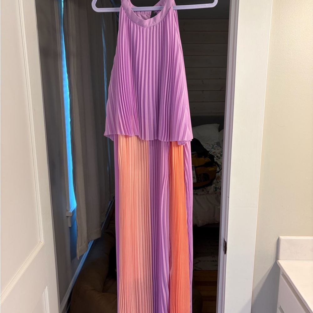 Impressions Lavender and Peach Colorblock Pleated Maxi Dress